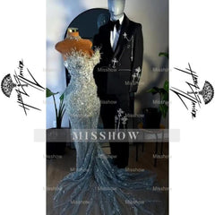 Atrractive Strapless Mermaid Corset Lace Long Silver Prom Dress with Beads