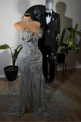 Atrractive Strapless Mermaid Corset Lace Long Silver Prom Dress with Beads