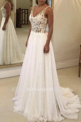Beautiful White Open Back V-neck Lace Chiffon Wedding Dress